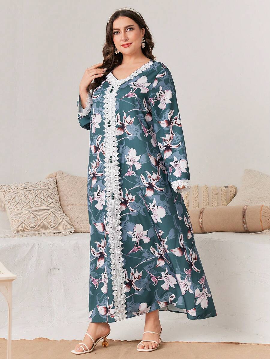 Al Najma 大尺碼花卉印花拼布和蕾絲阿拉伯服裝 - 彩色 - 查看 1