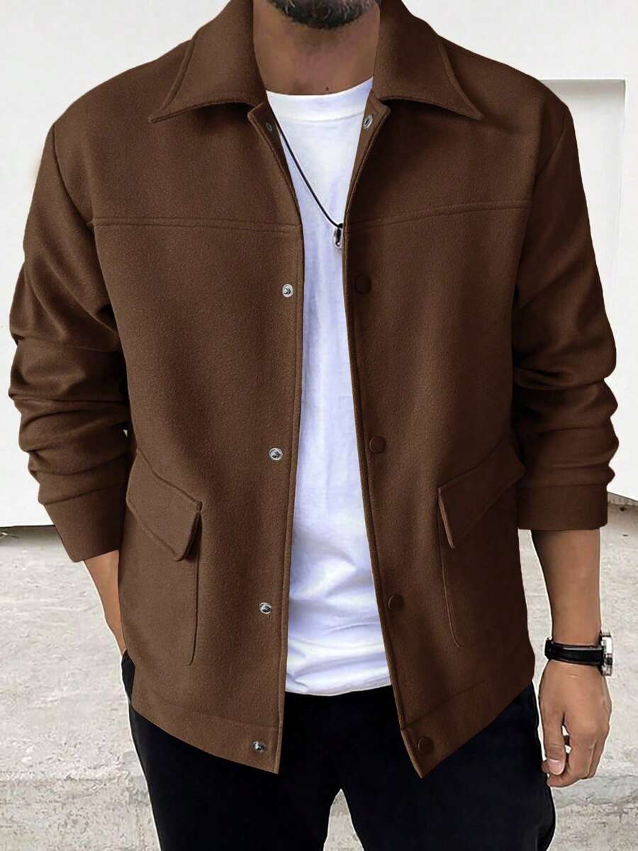 Manfinity Homme 男士時尚鈕扣長袖街頭口袋夾克 - 棕色 - 查看 1