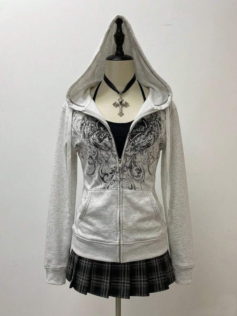 Attitoon 休閒極簡街頭風白色花朵灰色薄款保暖內裡女款衛衣,龐克圖案愛心卷軸皇冠定位印花長袖衛衣,適合秋冬 - 彩色 - 查看 1