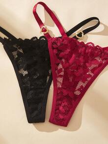 Snug Zone 3pcs/Set Women's Heart-Shaped Rhinestone Lace Thong Panties - Multicolor - View 4