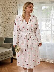 CottageSlumber Cherry Print Plus Size Robe, Casual Hooded Long Pajamas With Pockets - Apricot - View 4