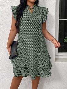 EMERY ROSE Vestido de mujer talla grande con patrón geométrico, volantes, cuello con lazo y mangas cortas - Verde militar - Ver 3