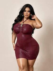 NU&NOW Damen-Kleid in Große Größen, Burgunderrot, Krokodil-Prägung, Kunstleder, Neckholder, figurbetont, Bodycon, mit Metallketten-Dekor, für Club, Nachtausgang, Party, Herbst, sexy - Bordeaux - Übersicht 2