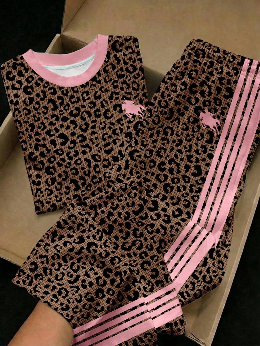 SHEIN 復古時尚豹紋棕色，青少年女孩極簡休閒時尚寬鬆T恤上衣與休閒喇叭褲2件套，適合休閒夏秋日常穿著、街頭風、外出、度假、返校，秋季新風格 - 彩色 - 查看 1