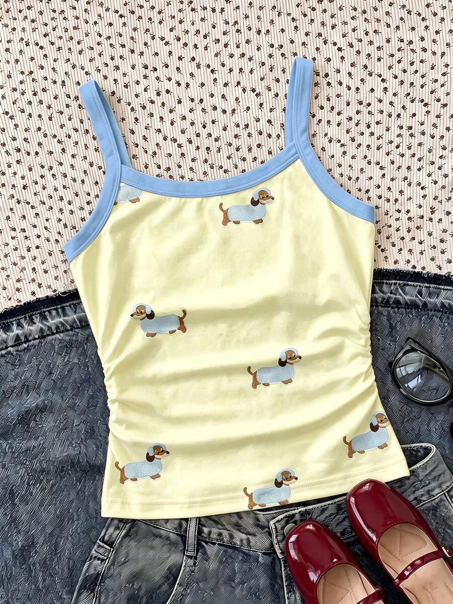 SHEIN Elladie kids 青少年女孩拼色臘腸狗印花細肩帶高彈力修身背心 開學季 - 黃色 - 查看 1