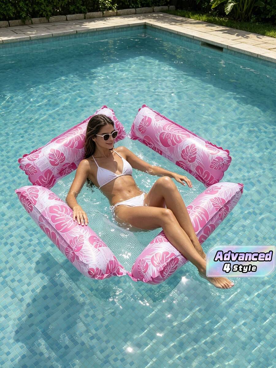 1pc Inflatable Pool Float 4-Tube Monstera Leaf Turtle Back Float & 2-Tube Monstera Leaf Mesh Hammock, Summer Water Floats For Pool & Beach - 4 tubes of leaves - View 1