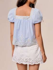 Willow Rêve Women's Blue Embroidered Trim Puff Sleeve A-Line Loose Blouse, Boho Style, Valentine's Day, Romantic Exclusive Style, Sweet Style - Blue - View 2