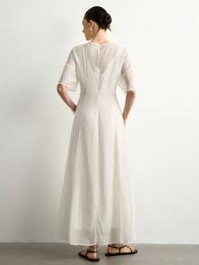 Aalyst Women's Round Neck Short Sleeve Sheer Elegant Cinched Waist A-Line Long Dress For Dating, Party, Outdoor, Sweet Commute - White - View 3