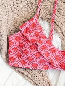 Swim Mod Women's Vacation Print Ruffle Hem Tank Top And Triangle Bikini Bottom Swimsuit Set - Pink - View 8