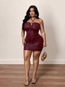 NU&NOW Damen-Kleid in Große Größen, Burgunderrot, Krokodil-Prägung, Kunstleder, Neckholder, figurbetont, Bodycon, mit Metallketten-Dekor, für Club, Nachtausgang, Party, Herbst, sexy - Bordeaux - Übersicht 6