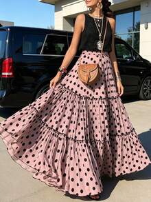 Breezaya French Vintage Pink & Black Polka Dot Layered Full Skirt, 3-Layer Large Panel Patchwork Design With Black Ruffle Trim And Pleated Edging On Each Layer, Voluminous Umbrella-Shaped Hemline For Dramatic Visual Effect, Plus Size Skirt - Pink - View 6