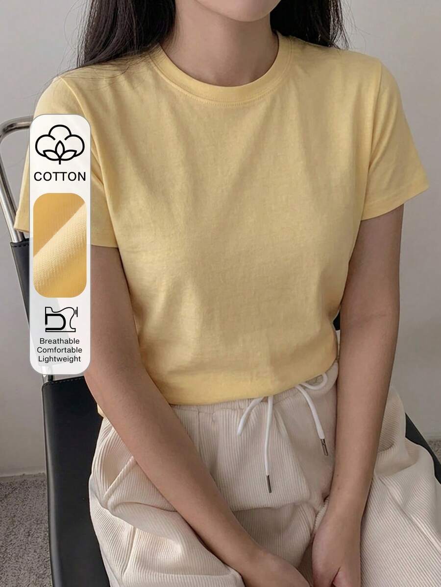 DAZY Camiseta de manga corta de unicolor versátil y casual de verano - Amarillo - Ver 1