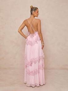 Lumalex Spring/Summer New Chiffon Ruched Contrast Lace Adjustable Strap Backless Dress - Baby Pink - View 2