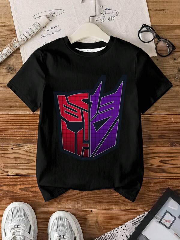 Transformers X SHEIN Kaos Anak Laki-Laki Remaja dengan Motif Huruf, Kerah Bulat, Kasual, untuk Sehari-hari di Musim Panas