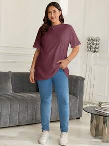 SHEIN BASICS 大尺碼落肩素色T恤女款夏季上衣套裝 - 酒紅色 - 查看 3