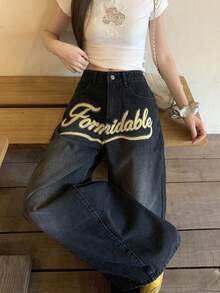 DAZY Celana Jeans Wanita Gaya Jalanan Korea dengan Bordir Huruf Inggris dan Rhinestone untuk Musim Gugur - Dark Grey - View 5