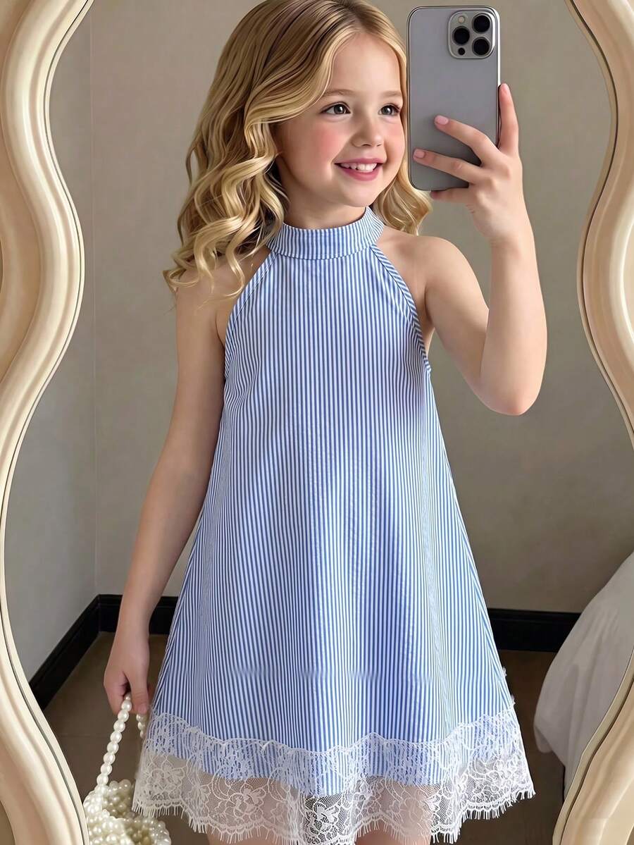 Elladie kids 1件少女清新島嶼風掛脖洋裝,直條紋挺括面料,簡約鏤空肩部設計,後領單鈕扣開衩方便穿脫,雙層睫毛蕾絲下擺,柔美女性風,寬鬆直筒版型,輕盈夏季度假、購物與日常穿著單品 - 藍色 - 查看 1