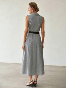 MOTF PREMIUM GAUN WANITA MODEL BARU KASUAL LONGGAR BERGARIS-GARIS KOTAK-KOTAK DENGAN IKAT PINGGANG, PANJANG SEDANG - Grey - View 4