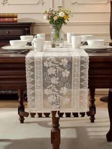 Floral Embroidered Tassel Decor Table Runner, Boho Lace Flower Design Table Runner For Dinner Table - Beige - View 2
