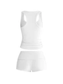 ROMWE Grunge Punk Music Festival Outfit Punk Cross & Slogan Fitted Tank Top & Ultra Low Waist Mini Shorts 2 Pieces Set - White - View 2