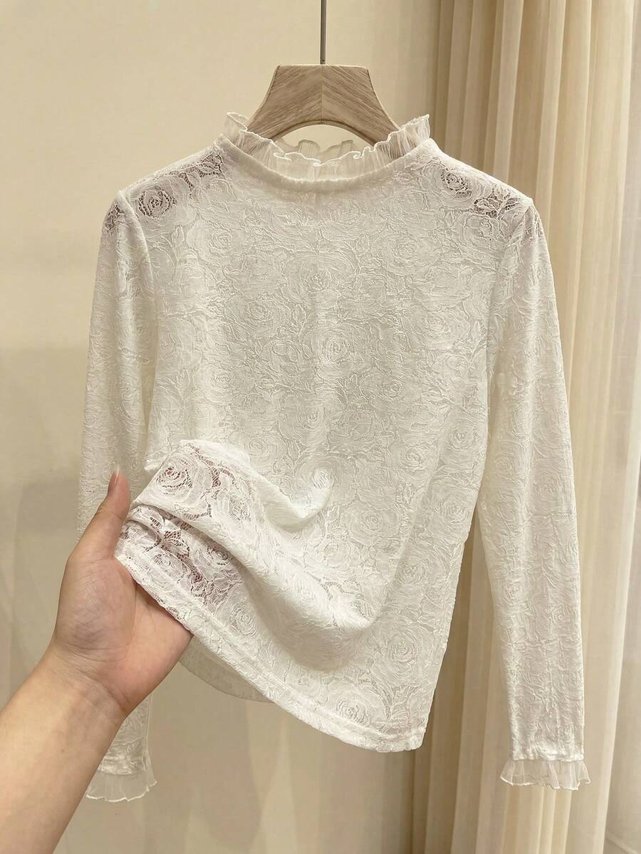 Rusticease Blusa de moda para mujer con cuello de volantes y manga larga - Albaricoque - Ver 1