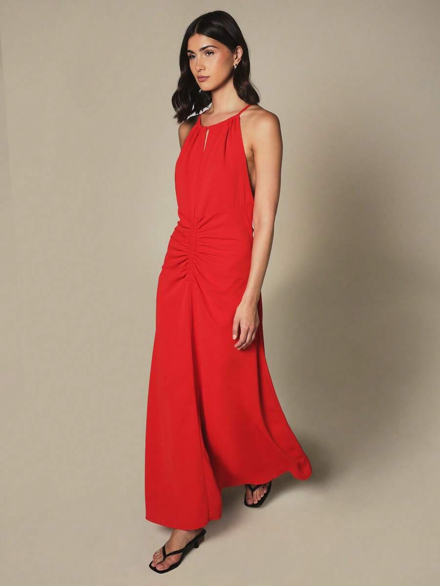 KSTM Halter Neck Ruched Maxi Dress With Tie Back Detail, Floor Length Flowy Evening Gown, Formal Party Night Bar Party Red Summmer Elegent - Red - View 1