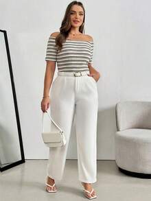 Shapeblank Plus Size Women's Spring And Summer New Fashion Casual Vacation One-Shoulder Striped Short-Sleeved Tight T-Shirt - Beige - View 5