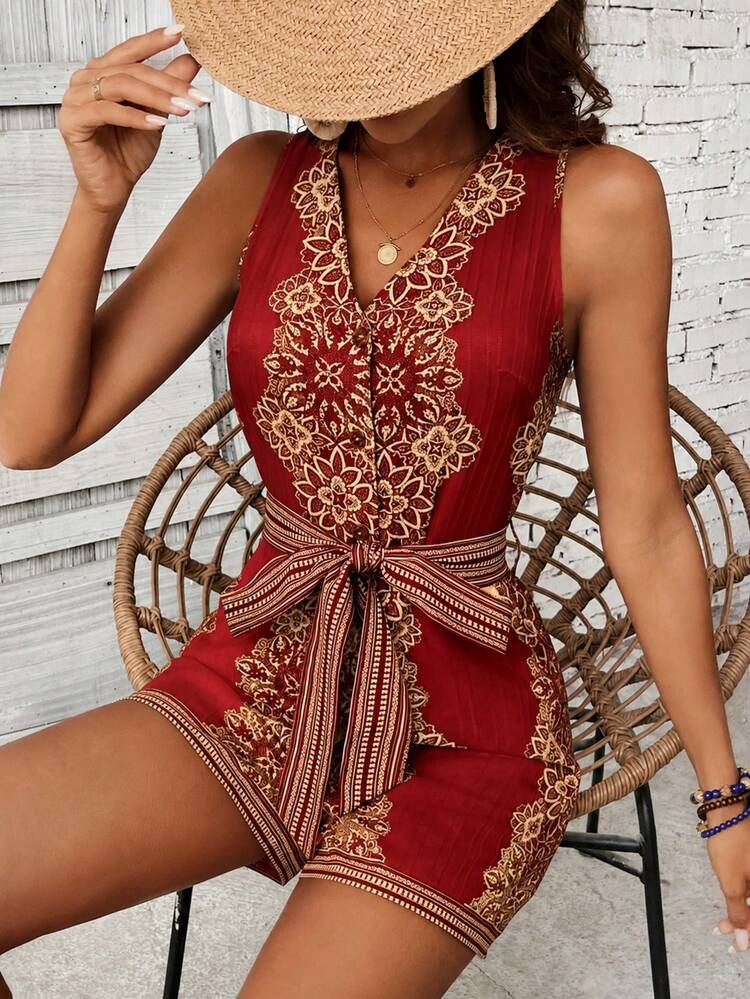 SHEIN Clasi Women's Floral Print Button Pocket Romper For Vacation - Multicolor - View 5