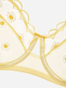 LUVLETTE Sujetador de lencería con bordado de margaritas, balconette transpirable sin forro, encaje floral amarillo transparente, minimizador de malla, ropa interior íntima - Amarillo - Ver 6