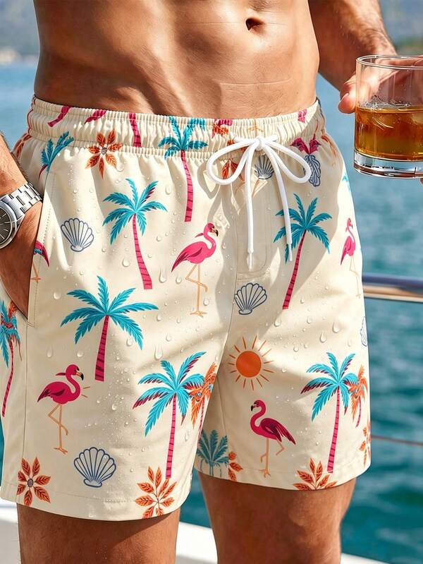 Manfinity Swimmode Men's Drawstring Waist Palm Tree & Flamingo Print Casual Beach Shorts,Beige Summer Boho Holiday Swim Trunks Board Shorts For Vacation Hawaii Tropical