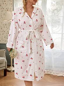 CottageSlumber Cherry Print Plus Size Robe, Casual Hooded Long Pajamas With Pockets - Apricot - View 2