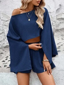 Breezaya Solid Color Cape Sleeve Cropped Top And Shorts Set - Navy Blue - View 3