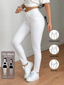 SHEIN Tall Women's Asymmetric Waistband Pocket Fitted Casual Denim Jeans Plain White Pants Summer Slim-Fit Clothes Back To School Tall Travel Capris Holiday - White - View 8