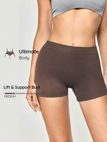 SHEIN Shorts de moldeadores sin costuras de unicolor simple - Café integral - Ver 1