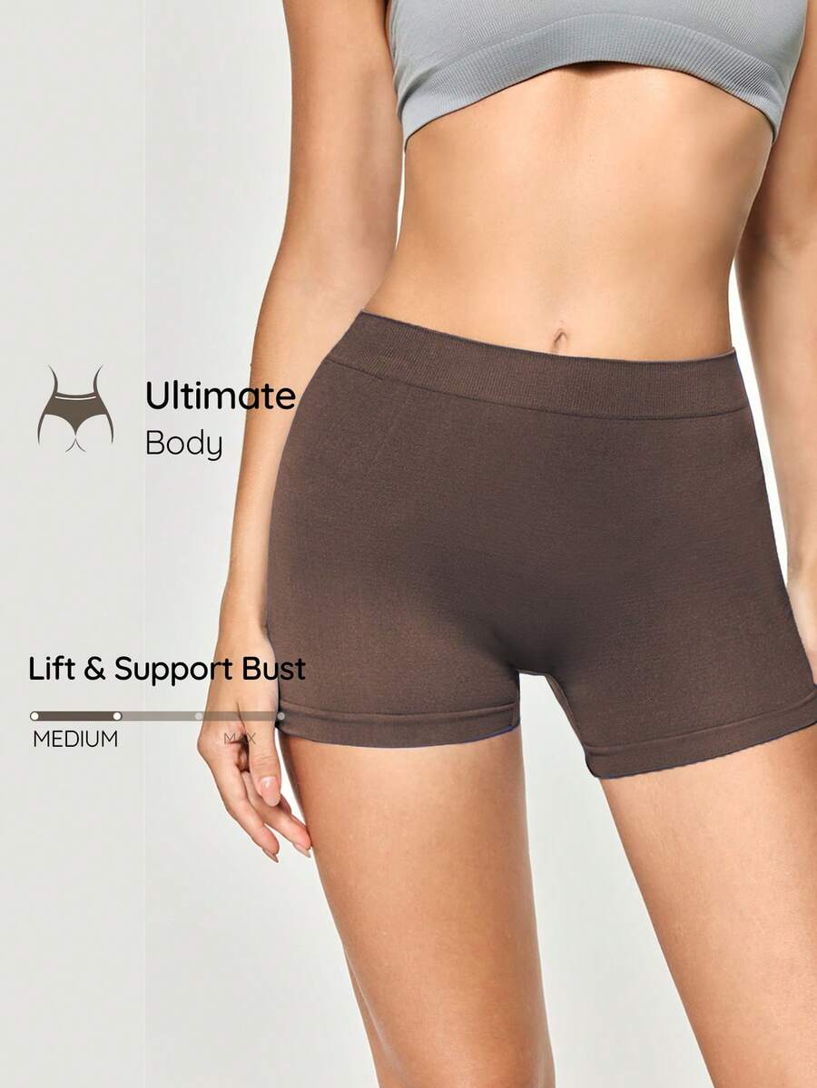 SHEIN Shorts de moldeadores sin costuras de unicolor simple - Café integral - Ver 1