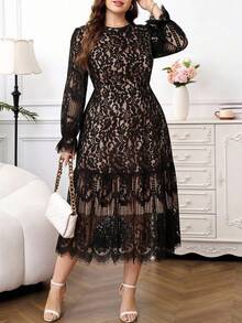 Reflora Plus Size Women Elegant French Lace Patchwork Sheer Evening Dress Fall - Black - View 1
