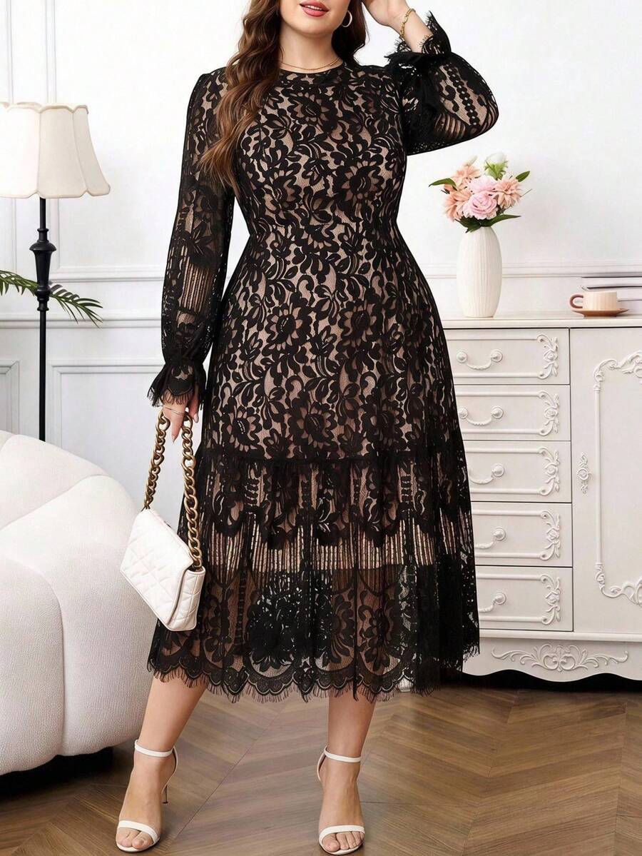 Reflora Plus Size Women Elegant French Lace Patchwork Sheer Evening Dress Fall - Black - View 1