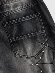 ROMWE MEN Men's Spider Web Pearl Rivet Loose Denim Shorts - Black - View 6