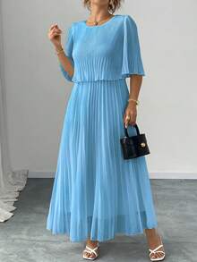 Elenzga Vestido de Gasa Plisado Elegante de unicolor Talla Grande Primavera Verano - Azul cielo - Ver 4