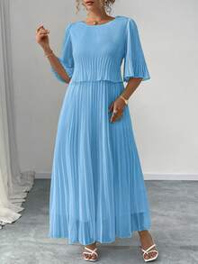 Elenzga Vestido de Gasa Plisado Elegante de unicolor Talla Grande Primavera Verano - Azul cielo - Ver 5