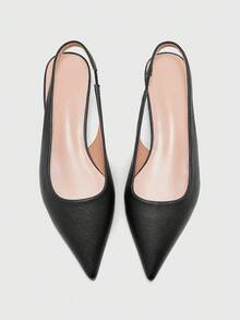 CUCCOO BIZCHIC Light Plate Solid Color Small Slope Heel Low Heel High Class Elegant Black Rough Pattern PU Women Flat Shoes Dew Heel Commuter Dating Daily Fall Shoes - Black - View 2