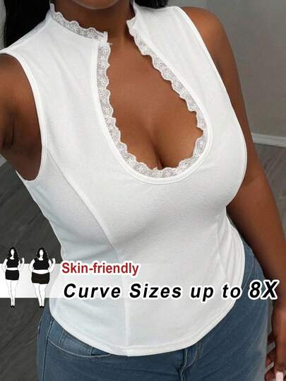 SHEIN CURVE+ Elegant White High-Elastic Knit Water Drop Neckline Lace Trim Sleeveless Fitted Sexy Spring/Summer Casual Vacation Bohemian Style Top