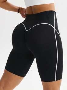 Rhythm Era 1 pieza Pantalones cortos de mujer de talla grande sin costuras con cintura alta y líneas cruzadas para entrenamiento, running, fitness, yoga y ciclismo - Blanco y Negro - Ver 2
