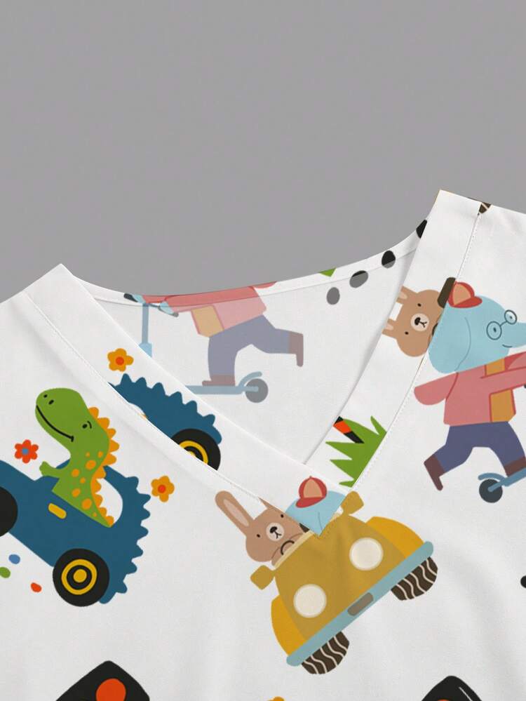 PopScrub V-Neck Short Sleeve Double Pocket Cute Cartoon Animal Car Print Nurse Doctor Work Nursing Uniform Top Health Checkup Surgical Beauty Nutritionist Lab - White - View 3