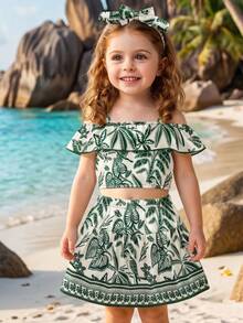 SHEIN Playful Pals 夏季女孩百搭時尚度假風花卉印花荷葉邊上衣 & A字裙 2件套 - 綠色 - 查看 5