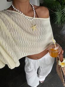 Sunnyshic Women's Summer Casual Tropical Fashion Versatile Textured Knit Cover Up Top Beach Vacation Cream - Light Yellow - View 6