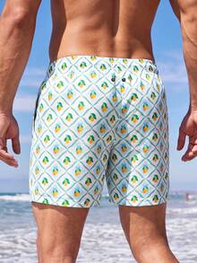 Manfinity Swimmode Men's Drawstring Waist All-Over Print Casual Vacation Beach Shorts - Mint Green - View 2