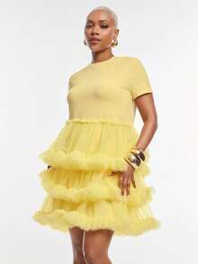 Vixey Vestido corto bohemio con capas de volantes de tul - Amarillo - Ver 3