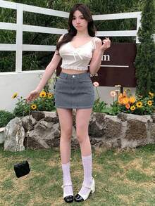 DAZY 女款夏季高腰藍白條紋修身貼身休閒街頭音樂節短牛仔裙 - 藍色 - 查看 3