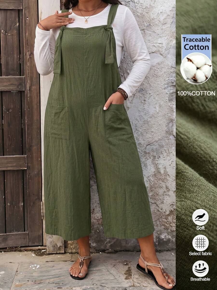 EMERY ROSE Plus Size Women Solid Color Pocket Casual Daily Wear Wide Leg Jumpsuit - Army Green - View 1